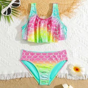 Swim Wear Girls Fish Scale Mermaid Bikini Swimsuit Kids ombre Ruffle Two Piece Childrens Swimwear 4-18 anos Teen Bathing Aritão Beachwear 240423