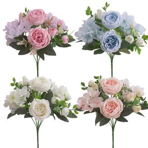 Partihandel 30 cm konstgjorda blommor Silk Rose Bouquet Hydrangea Peony Bride Holding Flowers Fake Plants Home Wedding Decoration Accessories