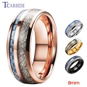 Pierścienie 8 mm mężczyzn Women Tungsten Wedding Pierścienia z niebieskim włóknem węglowym i białym meteorytem wkładka komfortowa dopasowanie