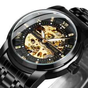 Orologi vincitori Scheletro in oro nero orologio per uomo Fashi