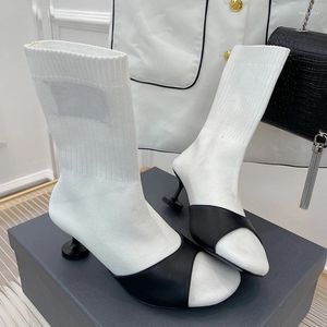 Stiefel hohe Definition Frauen 2024 Laufsteg runden Zehen mit hohem Fliegende gewebte mittelschwere elastische Farbblockierstiletto