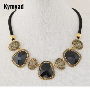 Necklaces Collier Femme Retro Jewelry Black Rope Chain Choker Necklaces Women Resin Stone Pendant Necklace Maxi Colar Necklaces