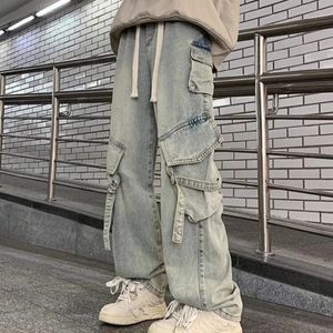 Autumn And Winter Japanese Overalls Jeans Men And Women American Retro High Street Micro-la Washed Wide-leg Straight Pants 240421