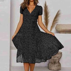 Urban Sexy Dresses Summer Womens Sexy Short Sleeved V Neck Floral Polka Dot Printed Dress Casual Boho Beach Dress for Women Fashion Midi Sundressl2404