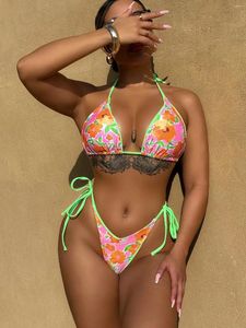 Kadın Mayo Seksi Neon Yeşil Çiçek Baskı Patchwork Bikini 2024 Kadın Mayo Push Up Tie Side Thang Plajı Mayo Bikinis Seti