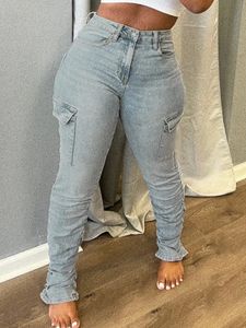 LW Plus Size High midja Sidan Flap Pocket Cargo Jeans Women Zipper Ruched Design Jeans Causal Skinny Long Trouser 240423