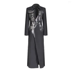 Trench femminili Capo da donna Superaen High Street Design Wingeher Women 2024 Metal Silver Fashion Style Blazer Coat Long Blazer