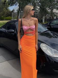 Casual Dresses Clinkly Elegant Sexig Off Axel ärmlös Wrap Maxi Dress for Women Fashion Holiday Twist Cut Out Bown Clothes