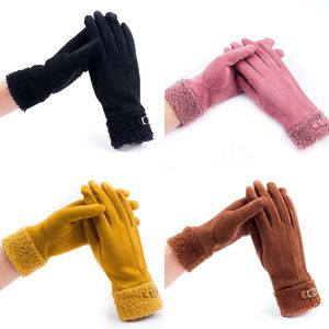 Fingers Five Gloves Winter Suede Leather Internal Plush Thicken Touch Screen Driving Woman's Outdoor Riding Belt Embroidery Warm R28