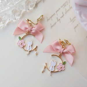 Earrings Summer Pink Ribbon Bowknot Flower Cat Earrings Earclip Sweet Girl Cute Cherry Blossom Sakura Clip on Earrings Without Piercing