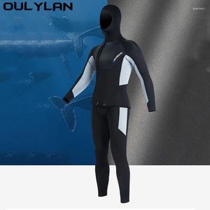 Moda de banho feminina Ouillan Spearfishing Metraina comprida Capuz 2 peças de 5 mm de neoprene submersível homens mantêm mergulho impermeável quente
