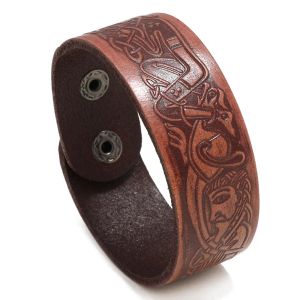 Strands Vintage Genuine Leather Emboss Ancient Egyptian Totems Bracelet Men Wide Retro Simple Cuff Bracele