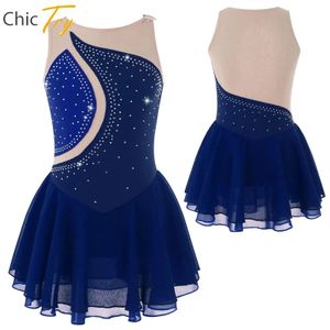 Figur Skating Dress for Kids Girls Performance Costumes Rhinestone Mesh Splice Ballet Dance Dresses Gymnastics Leotards 240516