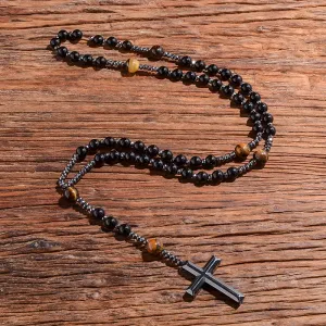 Necklaces Black Onyx Yellow Tiger Eyes Beaded Catholic Christian Cross Pendant Necklace Mala Meditation Jewelry Men and Women Rosary