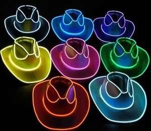 Cappelli da festa Led Light White Up Cowboy Neon Cowgirl Hat Hat Olographic I rave fluorescente con cavo antivento regolabile per Halloween Costume Prop