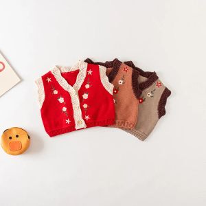 Tröjor småbarn tröja väst för tjej spädbarn baby stickad väst nyfödd broderad bomulls cardigan ärmlösa tröjor baby flicka kläder