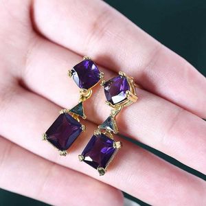 Charm Luxury Square Purple Cubic Zirconia Geometric Stone Earring Exquisite Gold Color Dangle Earrings For Women Wedding Party Jewelry Y240423