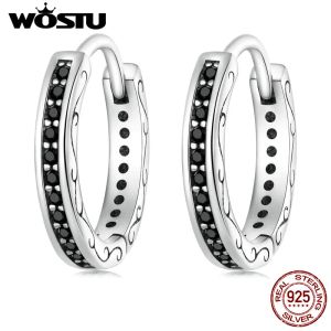 Kolczyki Wostu 925 Sterling Silver Classical Round Balck CZ Hoop For Women Wedding Dangle Drope Earring Clips Prezentacja Biżuteria Prezent