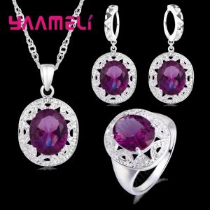 Necklaces Elegant Women 925 Sterling Silver Purple Crystal Pendants Necklaces Earring Ring Set For Wedding Engagement Jewelry Gift