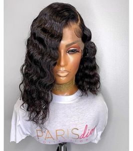 ブラジルの12インチ180デンシーナチュラルウェーブショートボブウィッグブラックカラーミドルパーツGlueless Synthetic Lace Front Wigs Remy Soft Fiber4064359