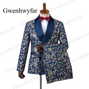 Gwenhwyfar Men Suits 3ピース2019 Autumn BanquetシリーズChrysanthemum Navy Blue Groom Men Wedding Tuxedos Double Breched4182310