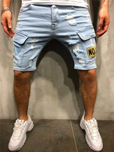 Summer Mens Stretch Ripped Short Jeans Streetwear Pocket Fashion Hip-hop Blue Slim Denim Shorts Brand Clothes Male 240415