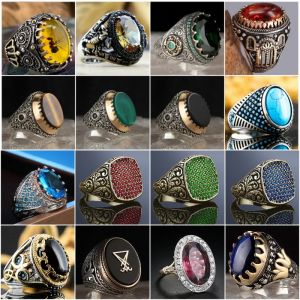Zespoły nowy punkowy duży ciemnozielony kamienny pierścień cyrkon dla mężczyzn retro biżuteria starożytny srebrny kolor Dwiec rzeźbiony metalowy owalny palcem pierścienie palcem