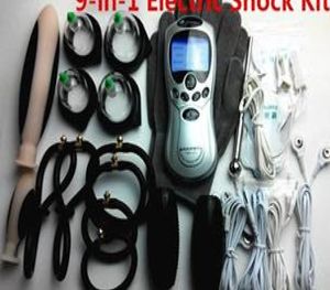 9in1 Electric Shock Therapy Kit Bondage BDSM Gear Urethral Plug Nipple Clips Anal Vaginal Dildo Gloves Cock Penis Ring Cupping S2261863