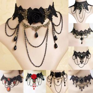 Necklaces Fashion Tassel Punk Style Gothic Choker Necklace Red Rhinestone Charms Vampire Maxi Necklace Vintage Tattoo Lace Pendant Wedding