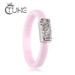 Bands Hot Romantic 3mm Pink Rings for Women Silver Color Crystal Ceramic Rings Shaped Ring Bridal Wedding Jewelry Exquisite