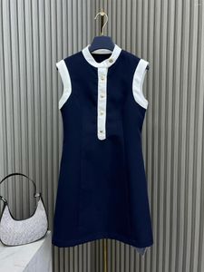 Casual Dresses Women Summer Solid Stand Collar Single Breasted Sleeveless Tank Short Dress Classical Elegant Slim Fit Female Clothes