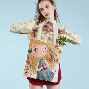 Shopping Bags Cute Cartoon Girl Double Printed Reusable Canvas Student Tote Handbag Fairy Tale World Lovely Child Gift Casual Bag