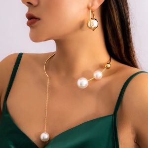 Necklaces Simplicity Geometric Type Necklace For Women Personality Ball Open Collar Clavicle Chain Imitation Pearl Earrings Jewelry Suit