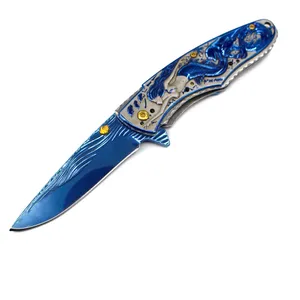 A6715 Assisted Flipper Folding Knife 8CR13Mov Blue Titanium Coated Drop Point Blade Rostfritt stålhandtag utomhusöverlevnad Taktiska EDC Pocket Knives