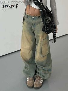 Kvinnors jeans weeeep väska fick patch arbete denim retro gata klädkvinnor denim byxor grunge y2k lösa lastbyxor koreanska harjujuku stil yq240423