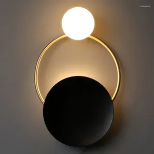 Wall Lamp Round Black Iron Panel Background WitGolden Ring Frosted Glass Ball Shade G9 LED Tricolored Light For Aisle