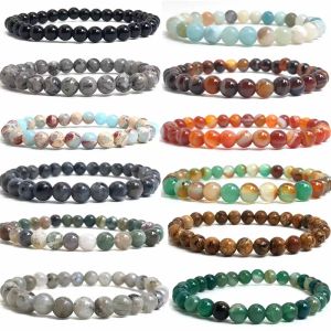 Strängar 6mm naturliga stenpärlor armband för kvinnor män multicolor agate onyx crystal kvarts stretch armband handgjorda smycken