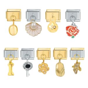 Strands Zircon Key Gül Daisy Shell Heart Heart İtalyan Bağlantıları Boncuklar Paslanmaz Çelik Fit 9mm Cazibe Bilezik Takı Diy Yapma Hediyeler