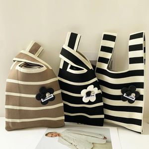 Storage Bags Handmade Knit Handbag Women Mini Knot Wrist-Bag Female Fashion Leisure Striped Flower Tote Bag Student Reusable Shopping