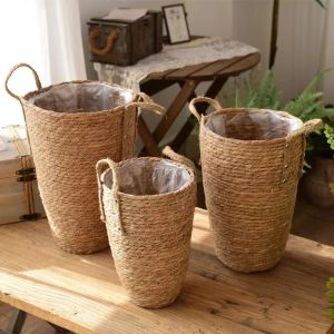Baskets Tall Natural Wicker Planter Basket Flower Pot Home Garden Decor Laundry Bucket Dirty Clothes Storage Baskets Toy Holders