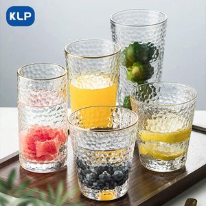 Copos de vinho KLP 1 PCS Glass de cristal sem chumbo com aro de ouro e padrão de martelo para suco de água de chá de chá de chá sem aprimoramento