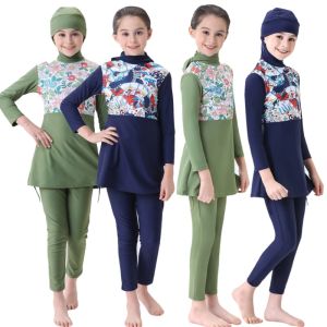 Kläder barn blygsamhet burkinis set muslimska barn flickor huva hijab baddräkt baddräkter barn strand kostym badkläder två stycken uppsättningar