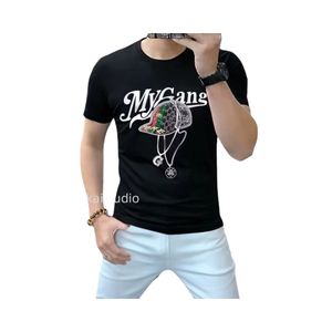 Estrela de verão de moda de grife com chapéu de broca quente gelo de seda meia-camiseta masculina de algodão mercerizado masculino de manga curta