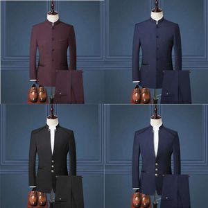 スーツメンズブレザー埋葬中国スタイルスタンドカラースリムフィット男性Zhong Shan BlazerベストパンツGroom Tuxedos Costume Homme Business 3PCS 230705