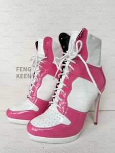 Botas fengkeen feitas à mão feminina grande tamanho grande tamanho sexy rosa rosa Patente estilo tênis de salto alto bootie de salto no tornozelo 14 45 47