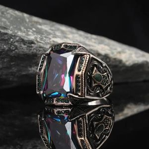 Bands Classic Retro Rainbow Men Rings Silver Color Carving Pattern Signet Steampunk Rings for Men Birhday Gift Party Gothic Jewelry