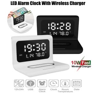 Chargers Wireless Charger Charging Pad com LED Digital Alarm Mirror Clock 12/24H Data de temperatura 10W Carregamento rápido para iPhone 12 Telefone