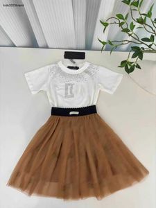 New Princess dress girls summer suit kids tracksuits baby clothes Size 90-150 CM child Shiny hot diamond T-shirt and lace skirt 24April