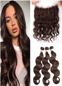 Человеческие волосы средней коричневой индийской девственницы 3 пучки с фронтальной волной 4 шоколадной коричневой переплетения с кружевным кружевом 13х4 CLO9899517