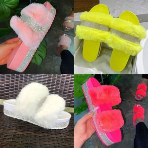 Women Designer Fur Rhinestone Slippers Platform Wedges Heel Solid Fluffy Furry Slides Outside Sexy Shoes Ladies Whosale T230712 ry